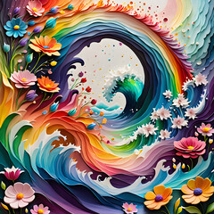 Fototapeta premium Vivid abstract floral waves with colorful flowers swirling in vibrant patterns, dynamic energy and intricate details