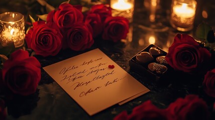 Romantic Valentine's Day scene with red roses, chocolates, candles, and handwritten love letter.