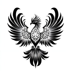 Ornate black and white phoenix design with detailed wings and body.