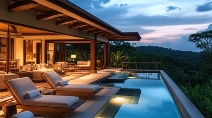 Fototapeta premium Luxury Villa with Infinity Pool Overlooking Lush Forest at Sunset