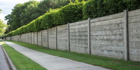 A long, gray wooden fence separates a paved sidewalk from a lush green lawn and a row of trees