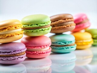 Fototapeta premium Pastel French Macarons, Colorful Macaron Sweets, Delicious Dessert, Pretty Macarons, White Background, Confectionery Photography, Sweet Treats, Bakery, French Pastry