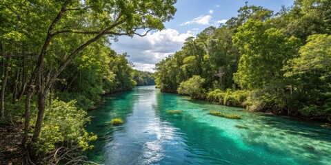 Obraz premium A winding river flows through a dense, verdant forest, its crystal clear water reflecting the blue sky and fluffy white clouds above