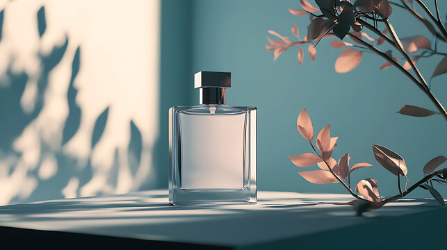 Elegant mockup of a blank perfume bottle displayed on a minimalist surface with soft lighting 