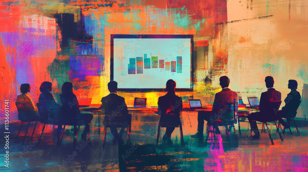 Aufkleber business people sitting at a table with laptops, watching a presentation of bar graphs on a large sc