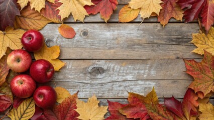 Obraz premium A rustic wooden background with a frame of autumn leaves and red apples, creating a warm and inviting atmosphere for a fall-themed design.
