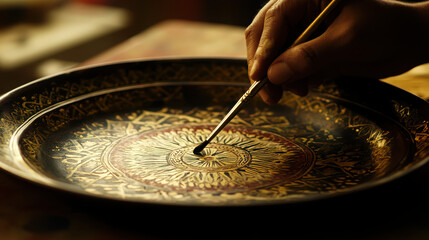 A hand delicately paints intricate designs on a decorative plate.