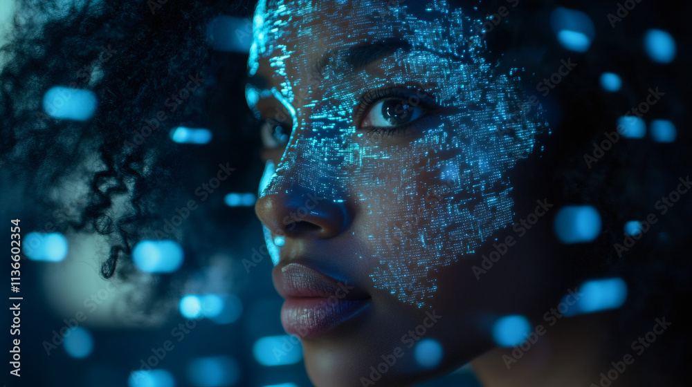 Leinwandbilder portrait of a woman adorned with a high-tech digital circuit board pattern, symbolizing the blending