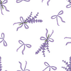 Hand drawn seamless lavender pattern featuring delicate purple flowers and green stems on a white background
