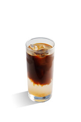 Iced coffee with ice cubes on a bright white background