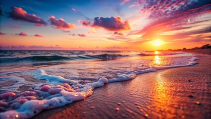 Fototapeta premium Pink Beach Sunset Bokeh Photography: Dreamy Coastal Scene, Beautiful Ocean View