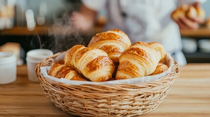 Freshly baked croissants steaming in wicker basket on cafe counter