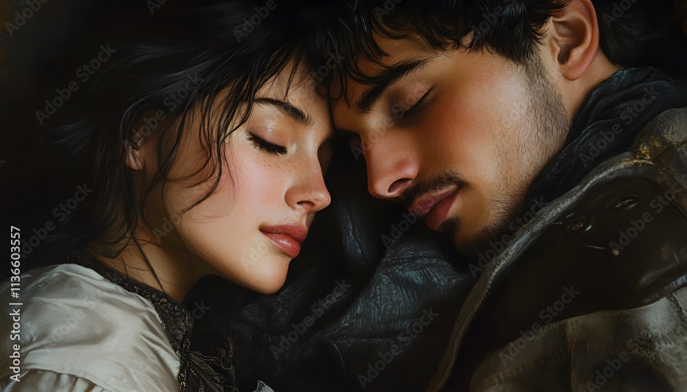 Poster tender moment between two individuals in intimate sleep, capturing the essence of love and connectio