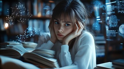 Struggling student studies in library exploring learning challenges