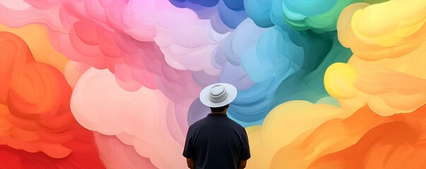 Digital transformation adaptation concept. A person gazes at a vibrant, colorful abstract background of swirling clouds.
