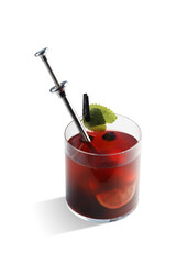 A clear glass with vibrant red liquid and a syringe in it