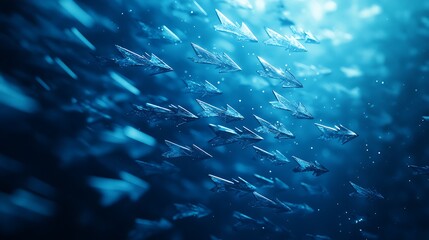 Fototapeta premium Underwater action dynamic fish schooling in blue ocean depths