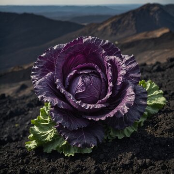 A purple cabbage unfurling like a flower on a volcanic mountaintop.