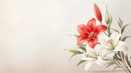 Naklejka premium valentine watercolor flowers charming concept, A delicate arrangement of red and white lilies, accentuated by green leaves, set against a soft, neutral background.