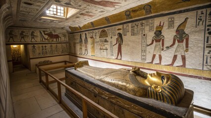 A Golden Sarcophagus Rests in a Tomb Chamber Adorned with Ancient Egyptian Hieroglyphs and Murals Depicting Scenes of the Afterlife