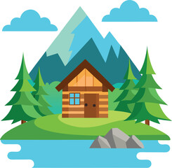 Vector illustration white background Cartoon woods cabin by the river with mountains