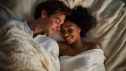 Plakat Romantic Couple Cuddling Together in Bed, Showcasing Intimacy and Connection Under Soft Blankets in a Cozy Bedroom Atmosphere with Warm Lighting