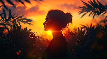 Silhouette of woman against sunset tropical landscape nature scene