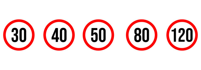 Multiple circular speed limit road signs in red border