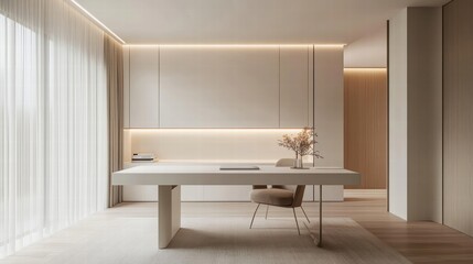 Fototapeta premium minimalist home office design with beige and white decor