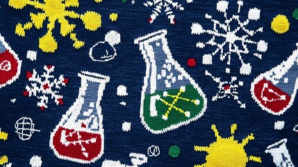 Nerdy science-themed ugly sweater featuring microscopic snowflakes, chemistry beakers filled with holiday colors, goofy mathematical equations scattered playfully