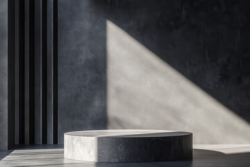 A minimalist, illuminated space featuring a circular platform against textured walls.