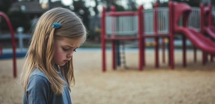 A sad girl standing alone in an empty playground, playground in the background