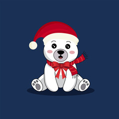 Polar bear playing with snow with Christmas hat Vector Illustration.