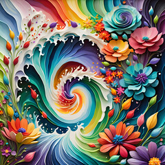 Vivid abstract floral waves with colorful flowers swirling in vibrant patterns, dynamic energy and intricate details