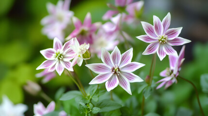Captivating display of delicate pink and white striped star-shaped flowers blooming on slender stems in a lush garden setting