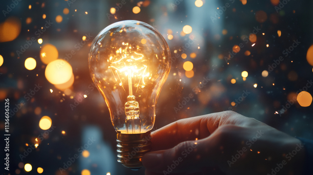 Poster hand holds a glowing light bulb amidst a backdrop of sparkling bokeh, representing innovative ideas,