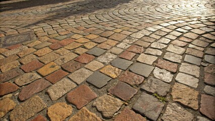 Fototapeta premium A Close-Up View of a Cobblestone Pavement, Revealing the Interlocking Pattern of Irregularly Shaped Stones, Each Contributing to the Durable and Rustic Appeal of the Surface