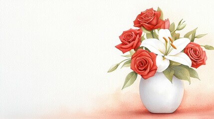 Fototapeta premium valentine watercolor flowers charming concept, A beautiful bouquet of red roses and white lilies arranged in a simple white vase, set against a light background, exuding elegance and freshness.