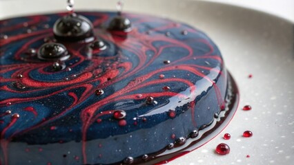 Obraz premium A swirling galaxy of dark blue and crimson glaze, captured as droplets fall and create a mesmerizing abstract pattern