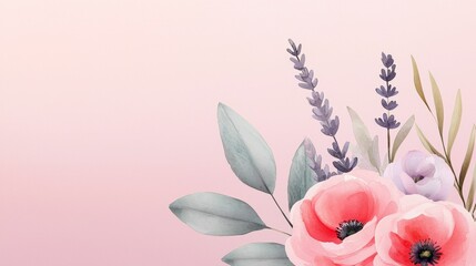 valentine watercolor flowers charming concept, A delicate floral arrangement featuring pink poppies, lavender, and greenery against a soft pastel background.