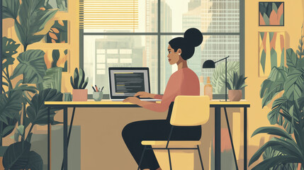 Fototapeta premium woman works on laptop at desk surrounded by plants in modern office. bright, urban setting features large windows with city view, creating productive atmosphere