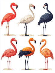 Fototapeta premium set of colorful flamingos, on a white background, watercolour illustration, cartoon character animal, idea for print t-shirt, poster and kids envelope, postcard. Hand drawn style