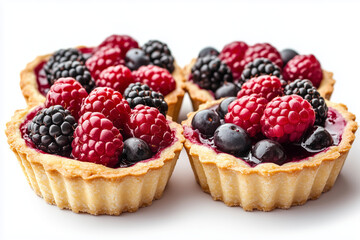 Mixed berry cheese tart isolated on white background, Fresh baked blueberry, blackberry and raspberry jam pie tart on white.