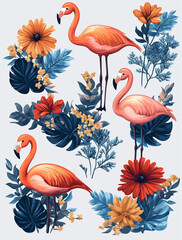 set of pink flamingo, on a white background, watercolour illustration, cartoon character animal, idea for print t-shirt, poster and kids envelope, postcard. Hand drawn style