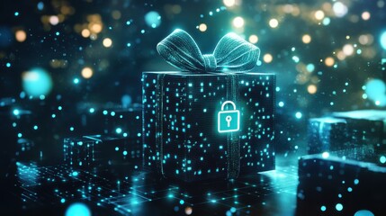 A digital gift box with a lock, glowing in a vibrant, modern environment.