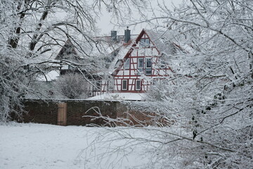 Winterlische Landschaft mit Fachwerkhäusern im Hintergrund