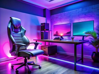 Purple Gaming Setup: Gamer Chair, Large Monitor, RGB Lighting - Fashion Photography