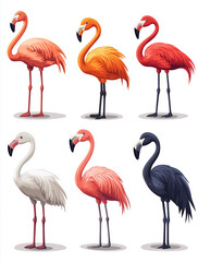 Obraz premium set of colorful flamingos, on a white background, watercolour illustration, cartoon character animal, idea for print t-shirt, poster and kids envelope, postcard. Hand drawn style