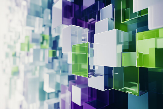 Isometric glassmorphism IT, web Agency, webscrapers, ai, white, green, blue, light colors, purple