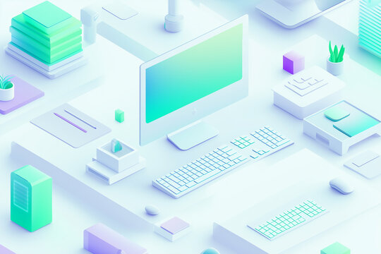 Isometric glassmorphism IT, web Agency, webscrapers, ai, white, green, blue, light colors, purple